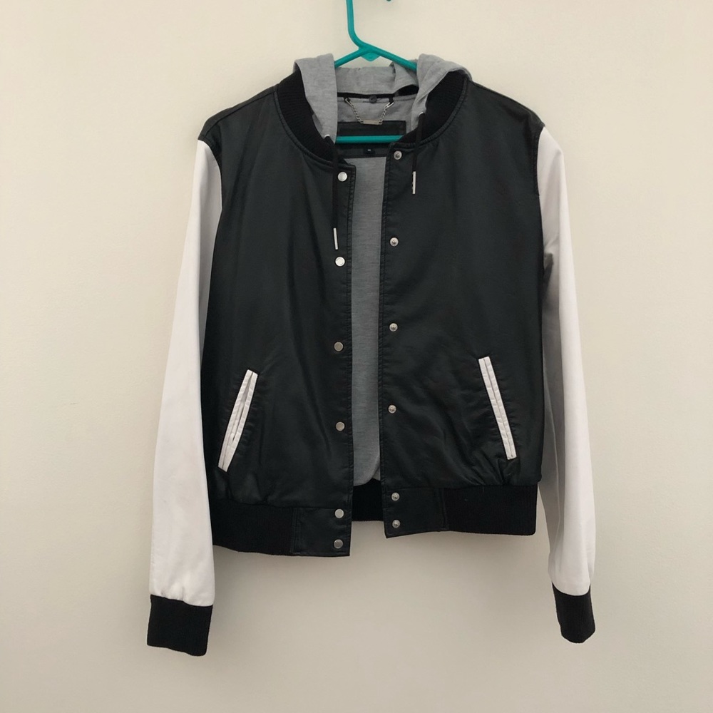 Faux Leather Bomber with detachable hood.